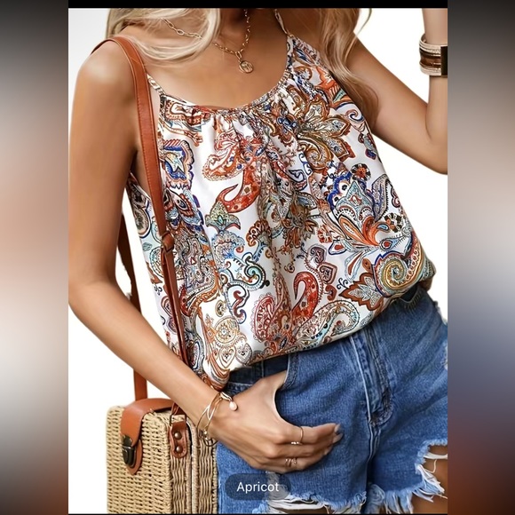 Tops - Paisley Print Spaghetti Strap Top, Casual Crew Neck
Sleeveless Cami Top